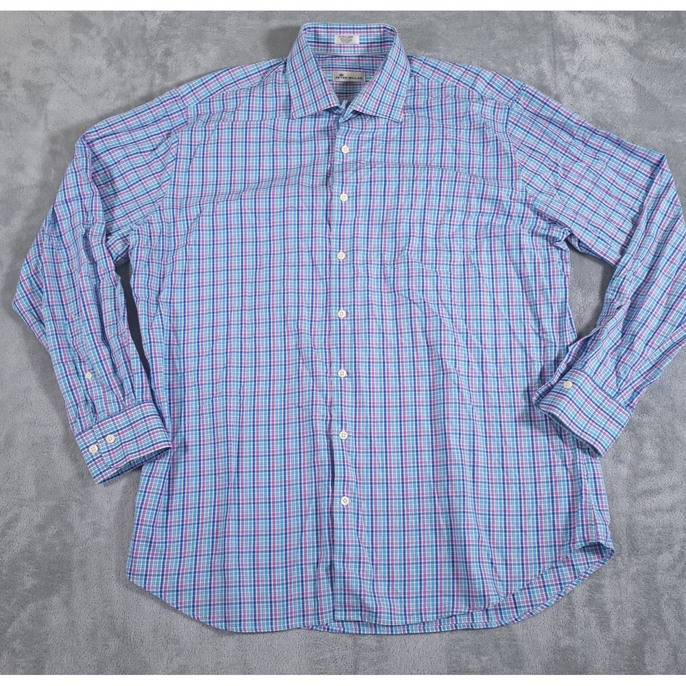Peter Millar Shirt Mens XL Blue Pink White Plaid Long Sleeve Button Down Cotton